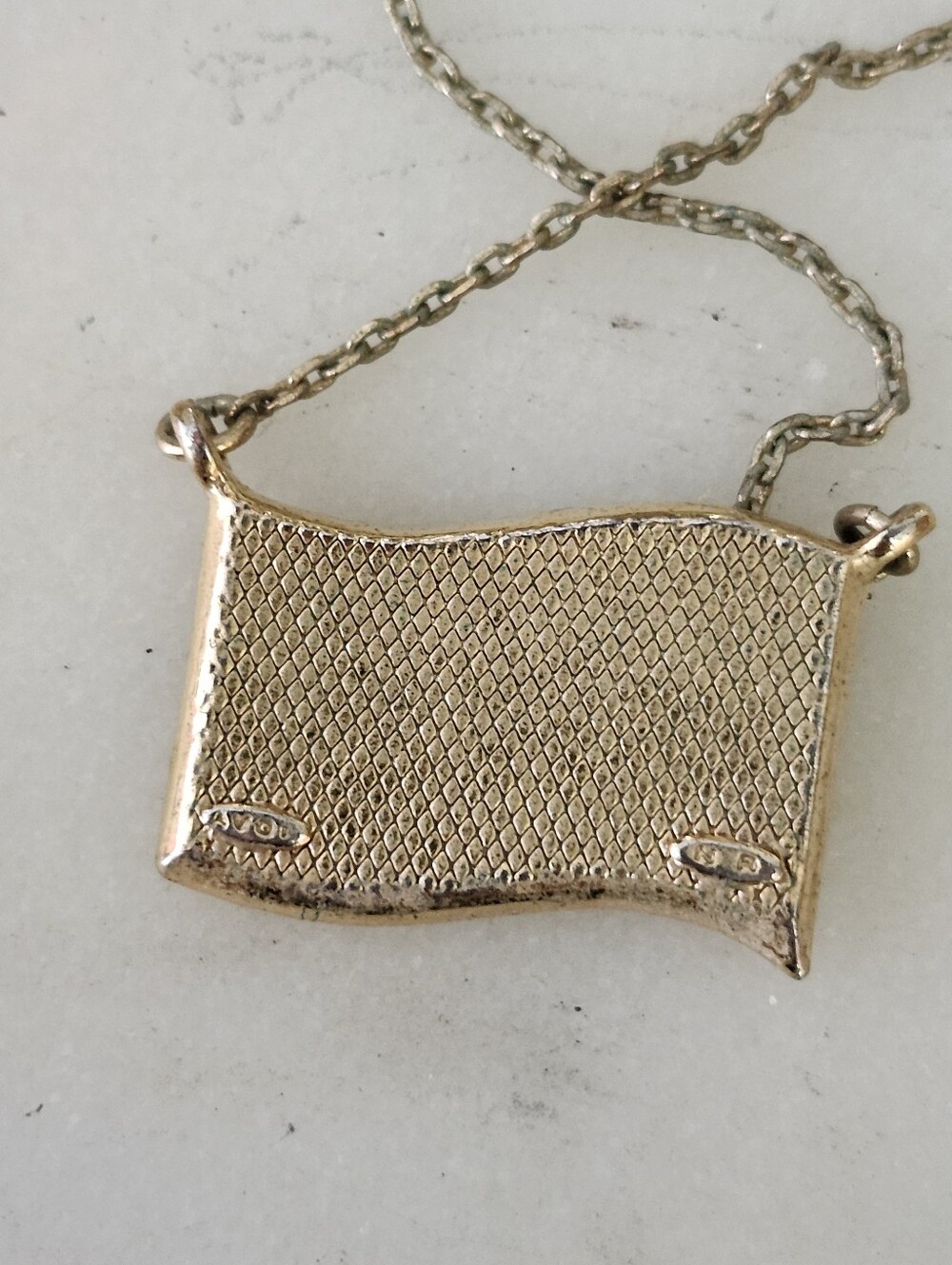 Avon Patriotic Crystal American Flag Pendant Necklace - Gold Tone, Red & Blue - Picture 2 of 7
